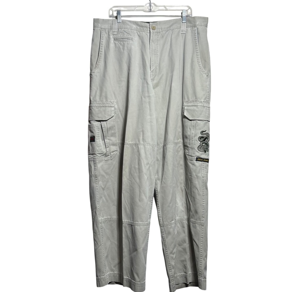 Vintage JNCO Jeans Cargo Pants Khaki Embroidered Snake Wide Leg 40x32 5 Pocket